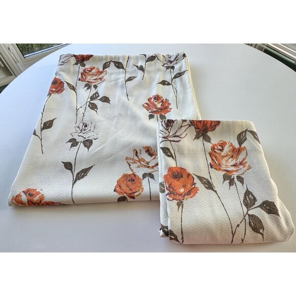 Vintage 1970s cream curtain, large orange roses, long stems, pleated, per panel - Picture 6 of 10
